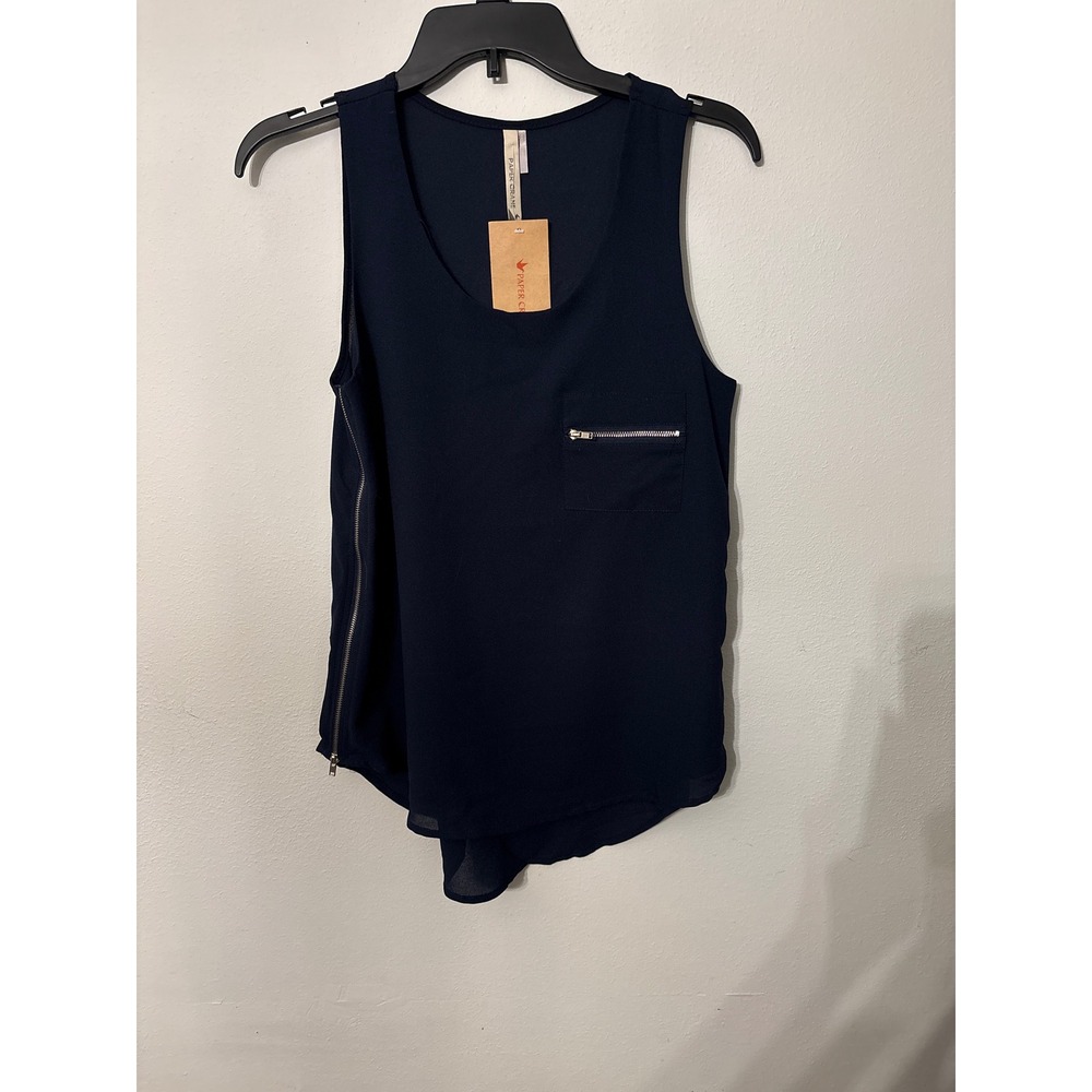 Paper Crane Tank Top Womens S Navy Blue NWT Side Zipper Pocket High Low Blouse